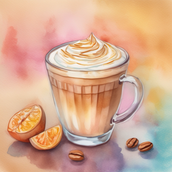 Watercolor illustration of a Orange Maple Latte against a soft abstract background