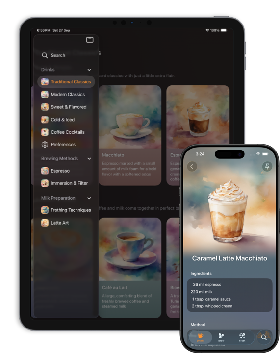 Screenshot of the recipes view on iPad and caramel latte macchiato recipe on iPhone