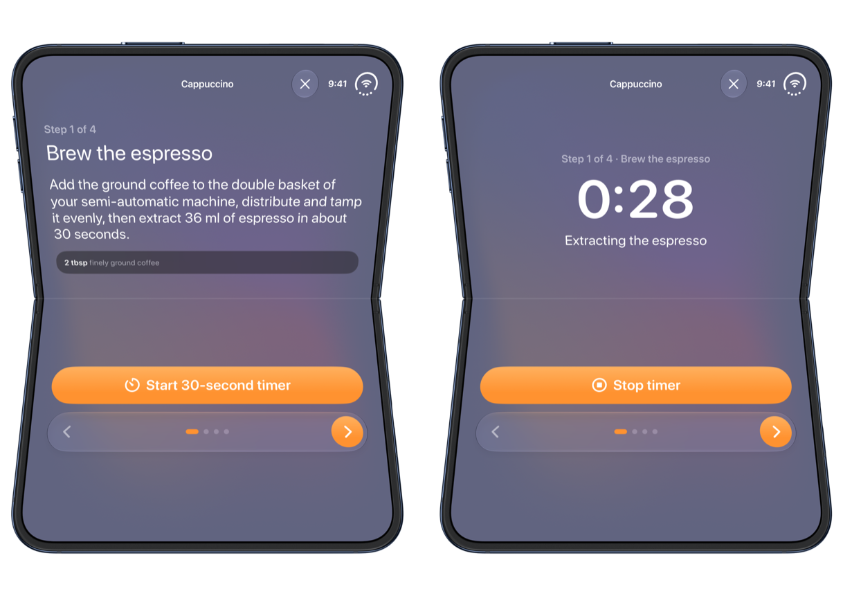 Breve on iPhone Duo standing half open, showing a cappuccino recipe step before and after its timer is started