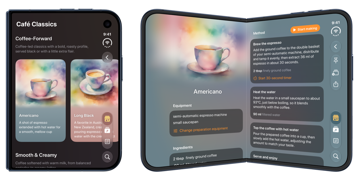 Breve on iPhone Duo showing café classics on the closed outer display and the americano recipe on the open inner display