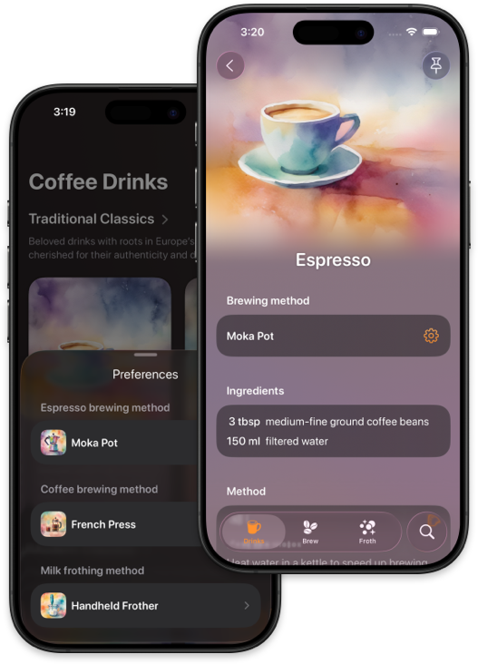 Screenshots of Breve on iPhone showing the equipment settings and an espresso recipe adapted for a moka pot