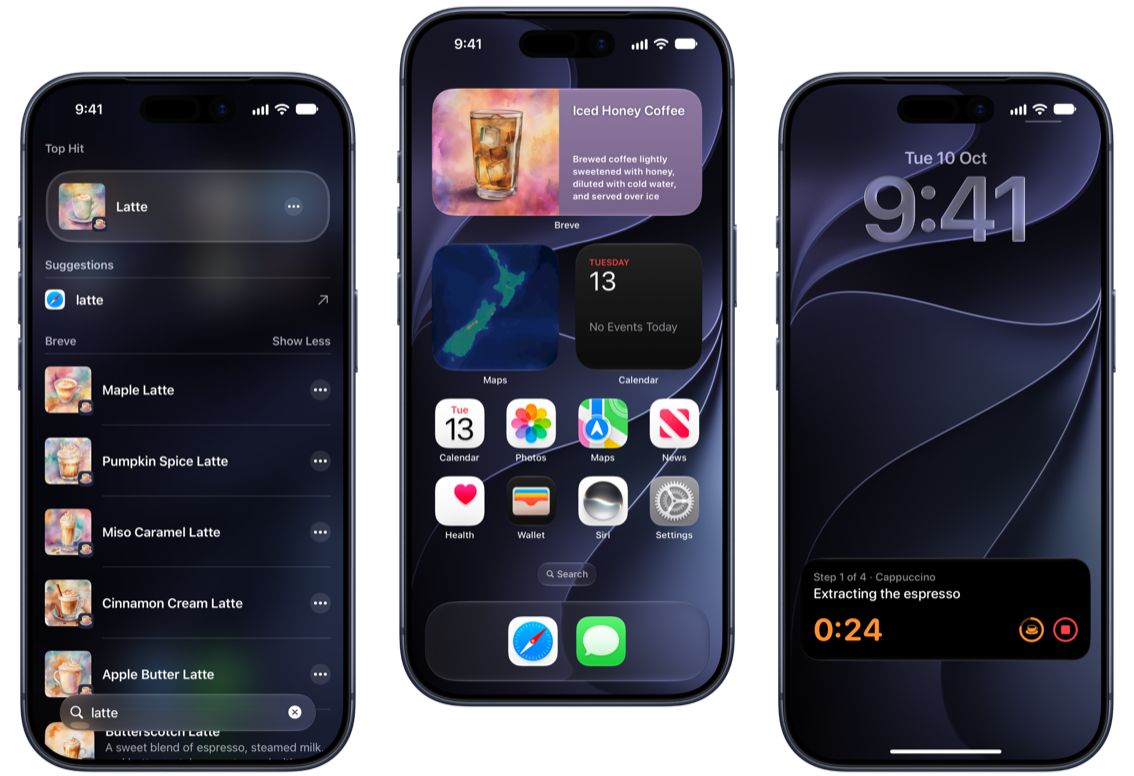 Three iPhones showing Breve latte recipes in Spotlight search results, the Daily Coffee widget on the Home Screen, and a cappuccino recipe timer on the Lock Screen