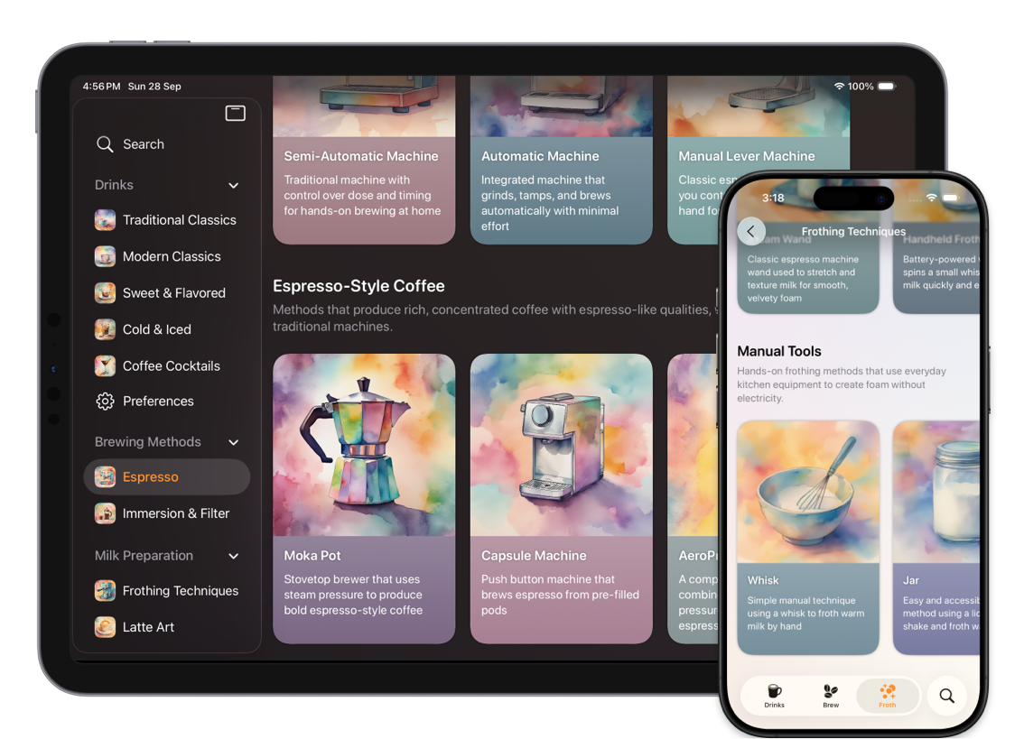 Screenshots of Breve on iPhone and iPad showing espresso brewing and milk frothing methods