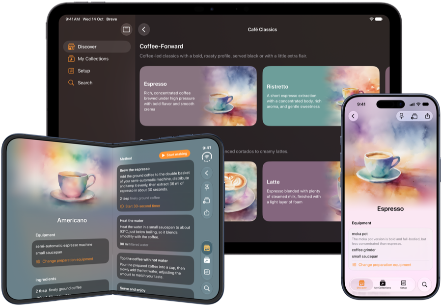 Breve on iPad showing the Café Classics collection, on iPhone Duo showing an americano recipe, and on iPhone showing an espresso recipe