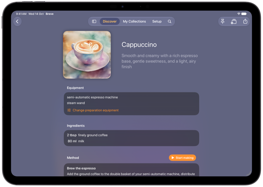 Breve on iPad showing a cappuccino recipe