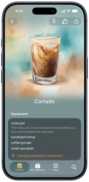 Breve on iPhone showing a cortado recipe