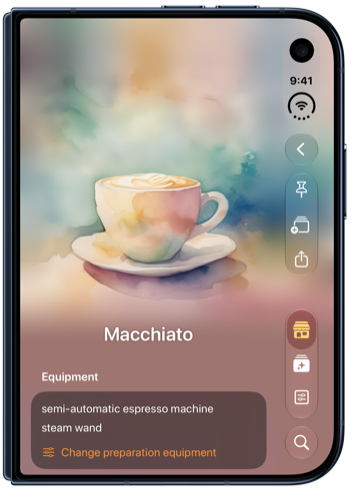 Breve on the outer display of iPhone Duo showing a macchiato recipe