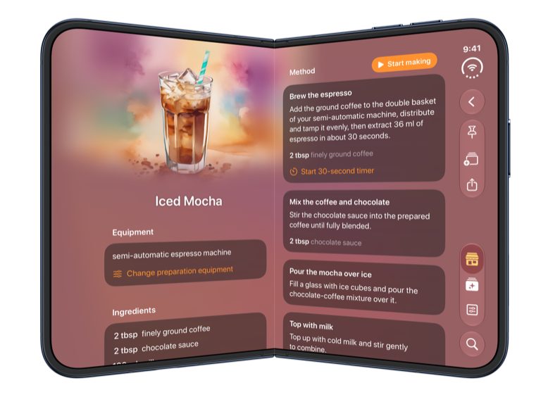 Breve on a half-open iPhone Duo showing an iced mocha recipe
