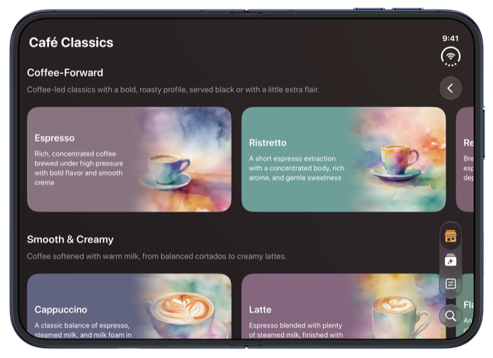 Breve on the inner display of iPhone Duo showing the Café Classics collection