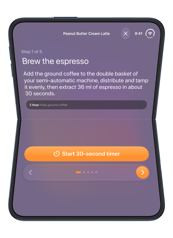 Breve on a standing iPhone Duo showing the first step of a peanut butter cream latte recipe