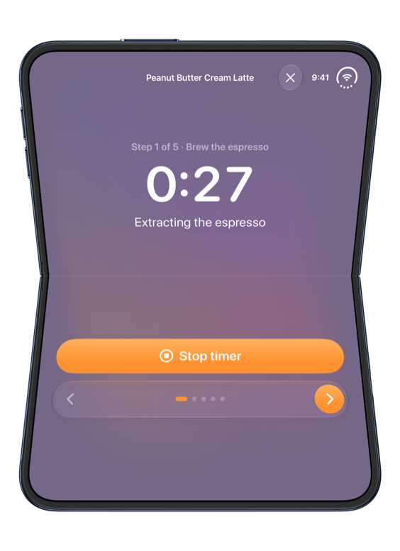 Breve on a standing iPhone Duo showing a peanut butter cream latte recipe timer